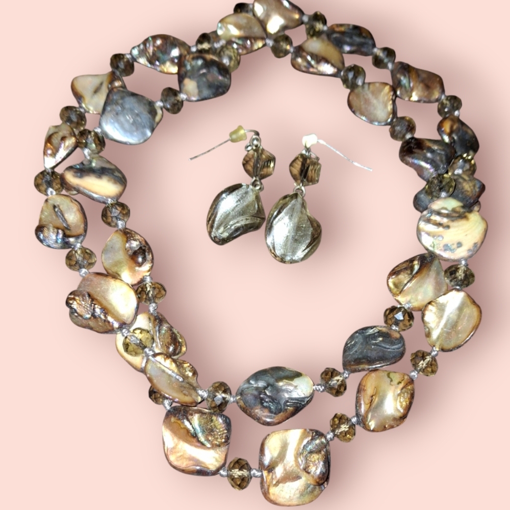 Mother of pearl crystal bead rope necklace with glass & crystal earrings silvery